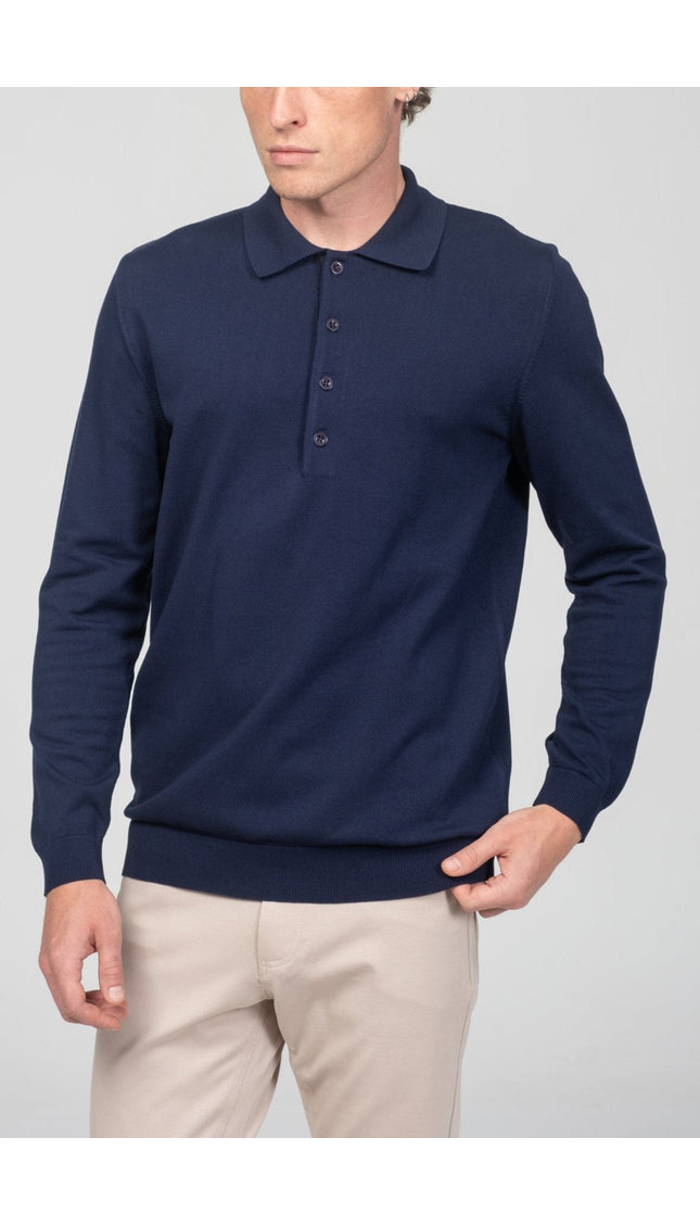 Four Button Down Polo Sweater - Navy - Ron Tomson