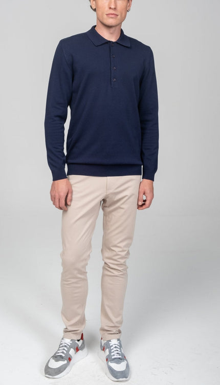 Four Button Down Polo Sweater - Navy - Ron Tomson