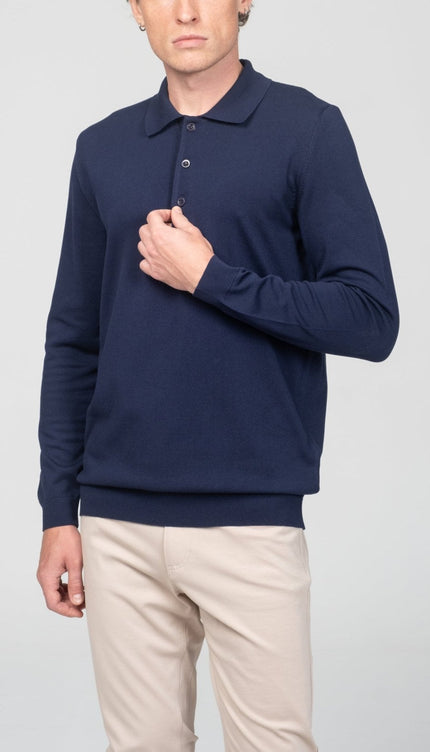 Four Button Down Polo Sweater - Navy - Ron Tomson