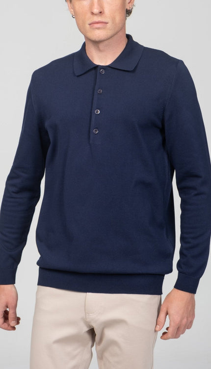 Four Button Down Polo Sweater - Navy - Ron Tomson