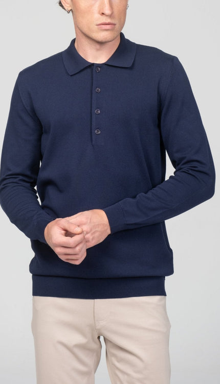 Four Button Down Polo Sweater - Navy - Ron Tomson