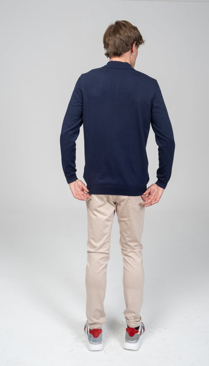 Four Button Down Polo Sweater - Navy - Ron Tomson