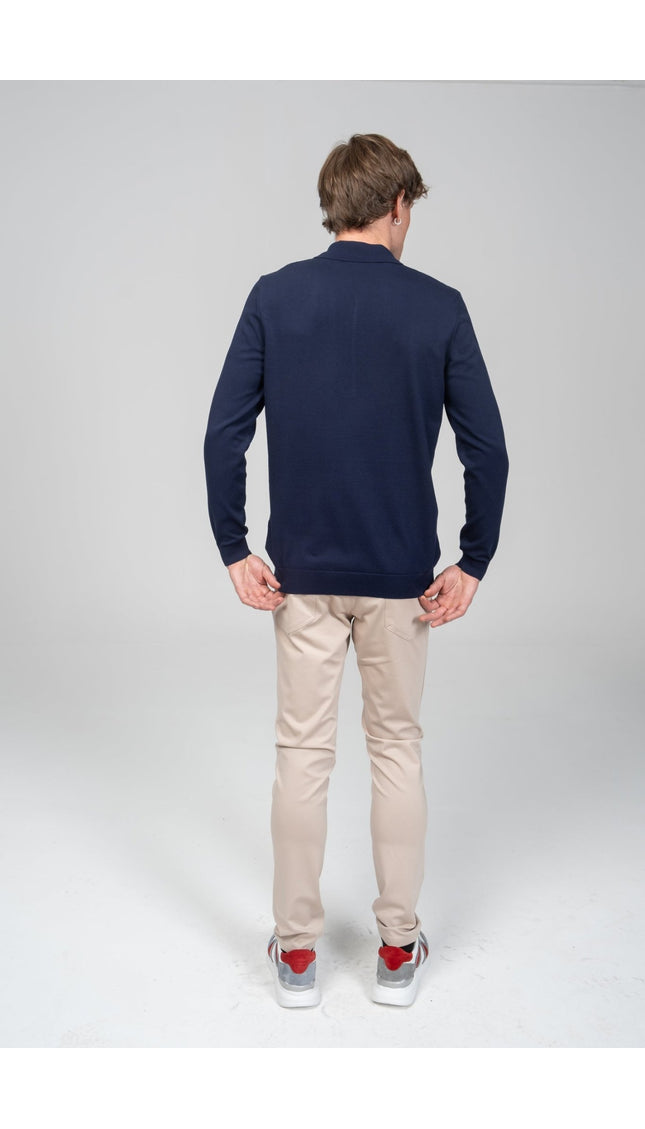 Four Button Down Polo Sweater - Navy - Ron Tomson