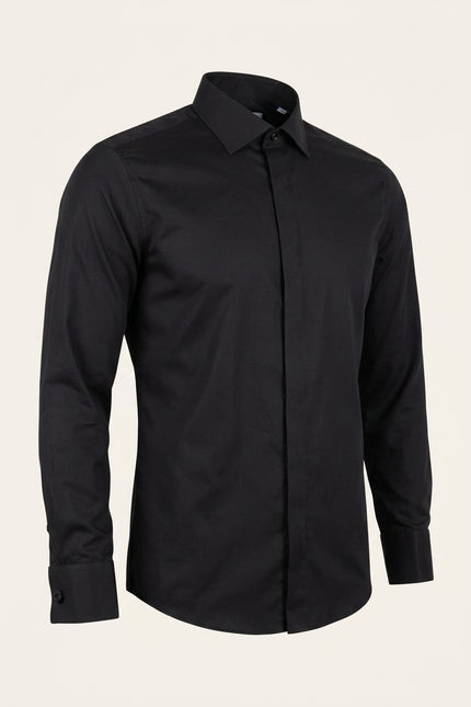Men's Pure Cotton Classic Collar Stud Button French Cuff Tuxedo Shirt - Jet Black