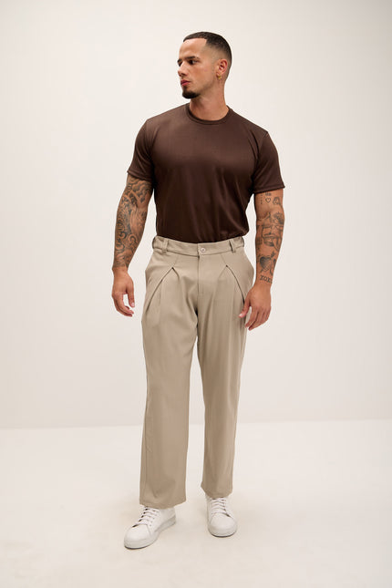 Front Flap Pleating Relaxed Trousers - Beige - Ron Tomson