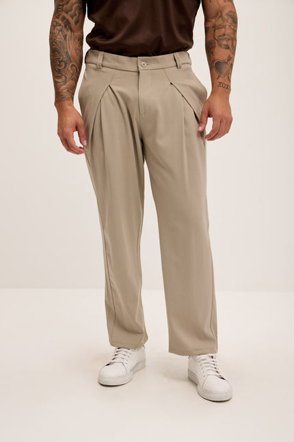 Front Flap Pleating Relaxed Trousers - Beige - Ron Tomson