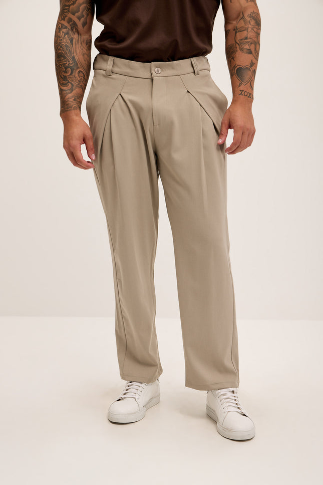 Front Flap Pleating Relaxed Trousers - Beige - Ron Tomson