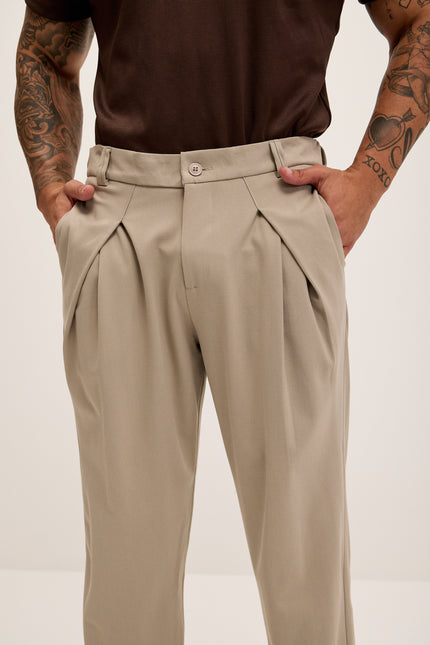 Front Flap Pleating Relaxed Trousers - Beige - Ron Tomson
