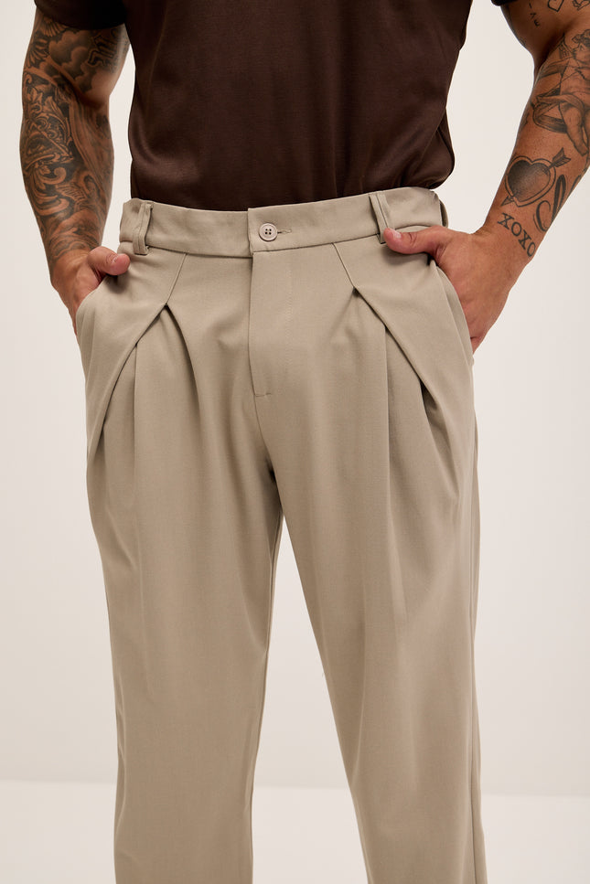 Front Flap Pleating Relaxed Trousers - Beige - Ron Tomson