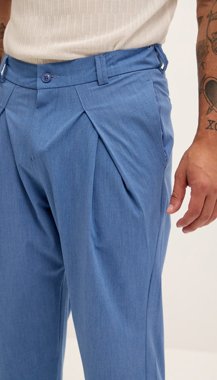 Front Flap Pleating Relaxed Trousers - Blue - Ron Tomson