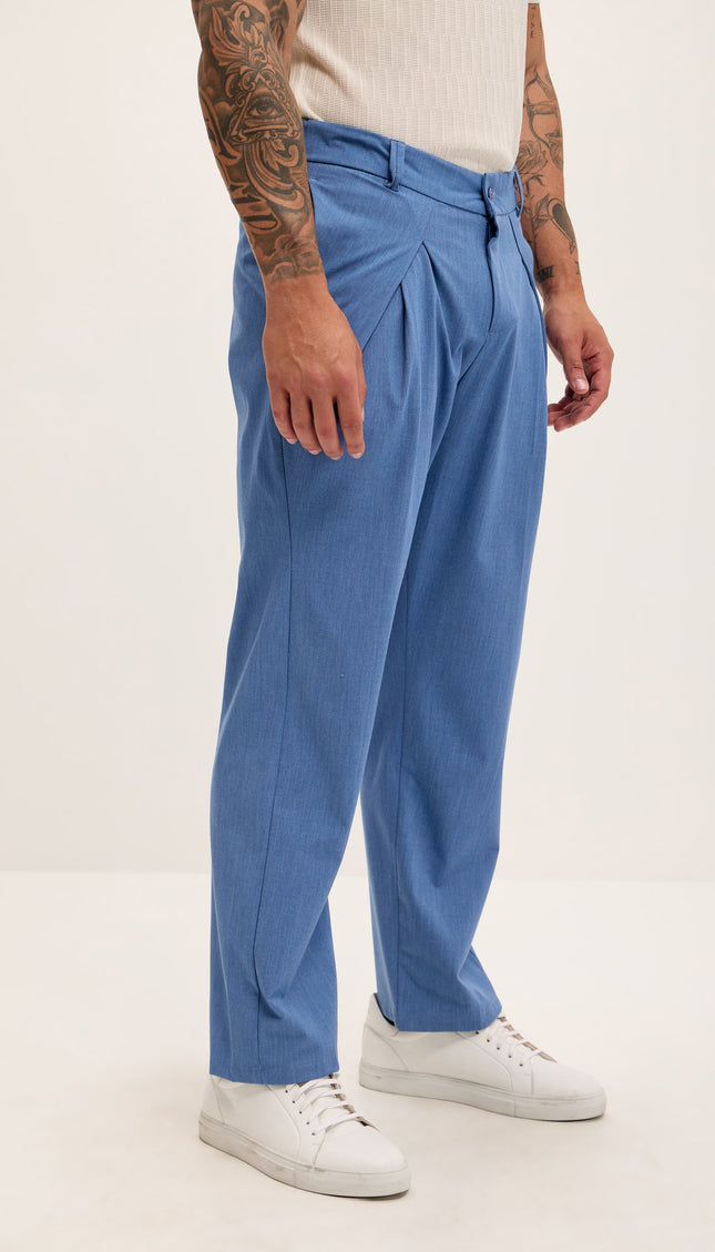 Front Flap Pleating Relaxed Trousers - Blue - Ron Tomson