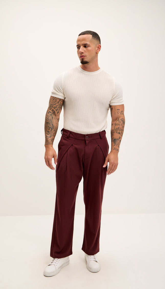 Front Flap Pleating Relaxed Trousers - Burgundy - Ron Tomson