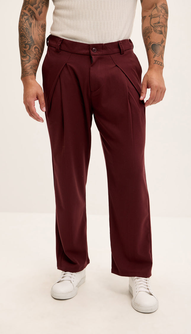 Front Flap Pleating Relaxed Trousers - Burgundy - Ron Tomson