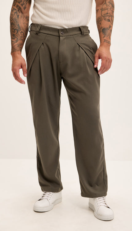 Front Flap Pleating Relaxed Trousers - Khaki - Ron Tomson