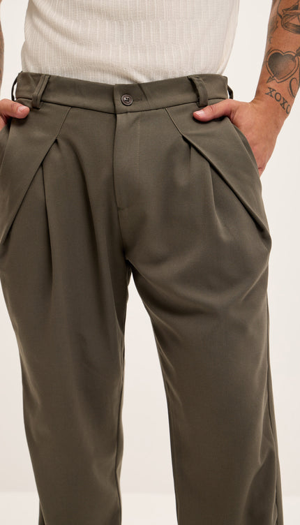 Front Flap Pleating Relaxed Trousers - Khaki - Ron Tomson