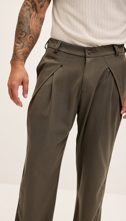 Front Flap Pleating Relaxed Trousers - Khaki - Ron Tomson