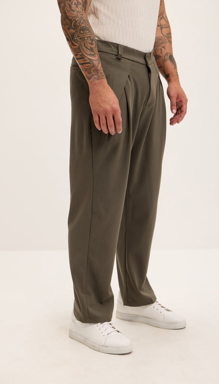 Front Flap Pleating Relaxed Trousers - Khaki - Ron Tomson