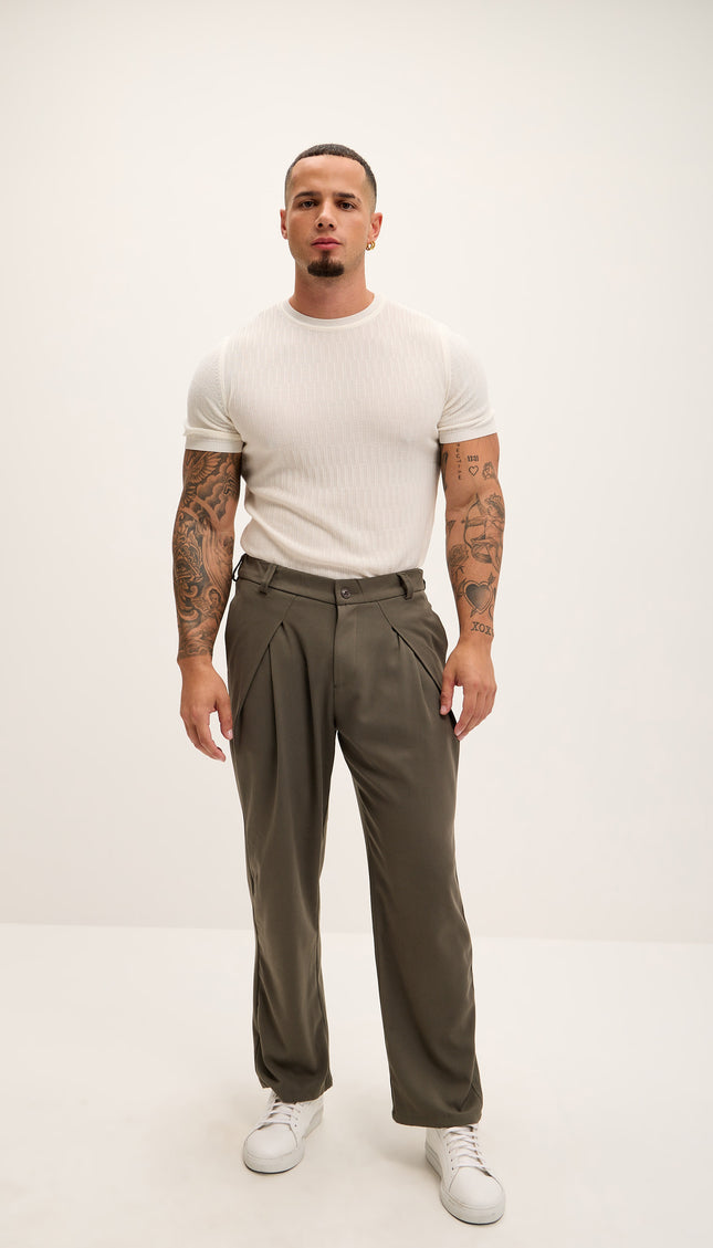 Front Flap Pleating Relaxed Trousers - Khaki - Ron Tomson