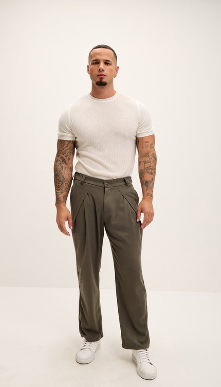 Front Flap Pleating Relaxed Trousers - Khaki - Ron Tomson