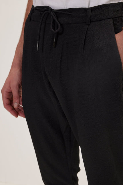 Front Pleated Waffle Pants - Black - Ron Tomson