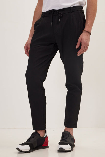 Front Pleated Waffle Pants - Black - Ron Tomson