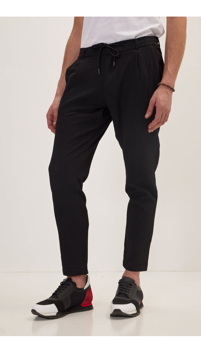 Front Pleated Waffle Pants - Black - Ron Tomson