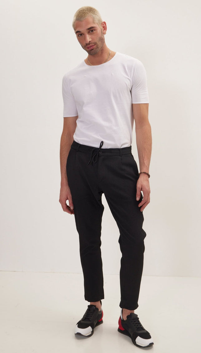 Front Pleated Waffle Pants - Black - Ron Tomson