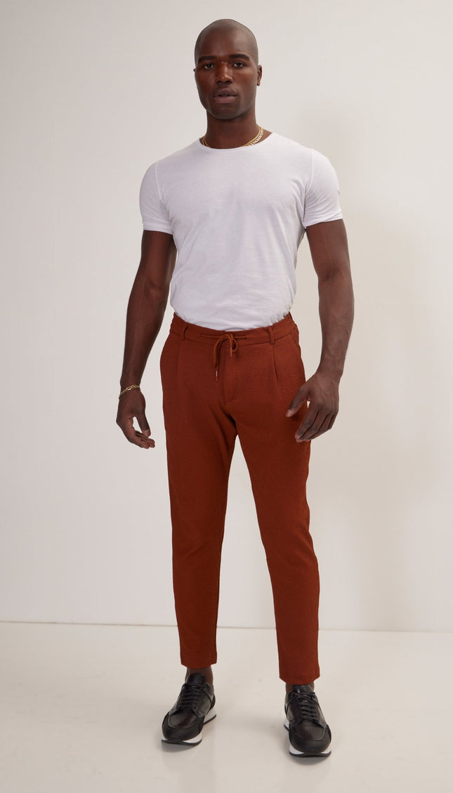 Front Pleated Waffle Pants - Brown - Ron Tomson