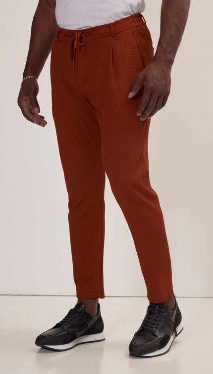 Front Pleated Waffle Pants - Brown - Ron Tomson