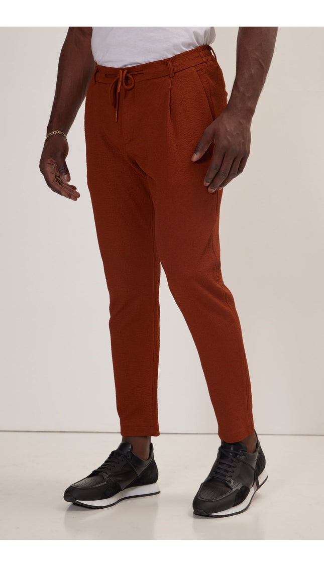 Front Pleated Waffle Pants - Brown - Ron Tomson