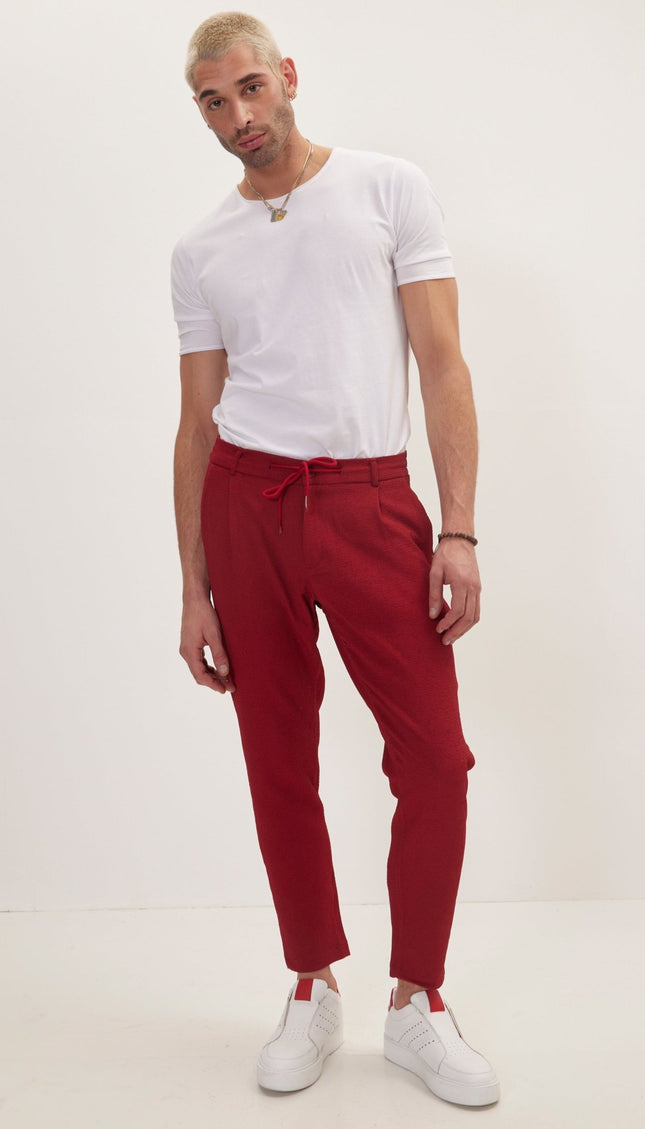 Front Pleated Waffle Pants - Burgundy - Ron Tomson