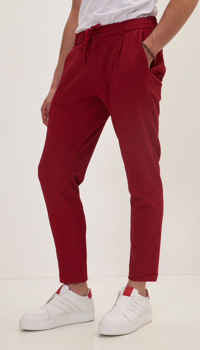 Front Pleated Waffle Pants - Burgundy - Ron Tomson