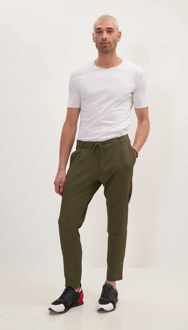 Front Pleated Waffle Pants - Green - Ron Tomson