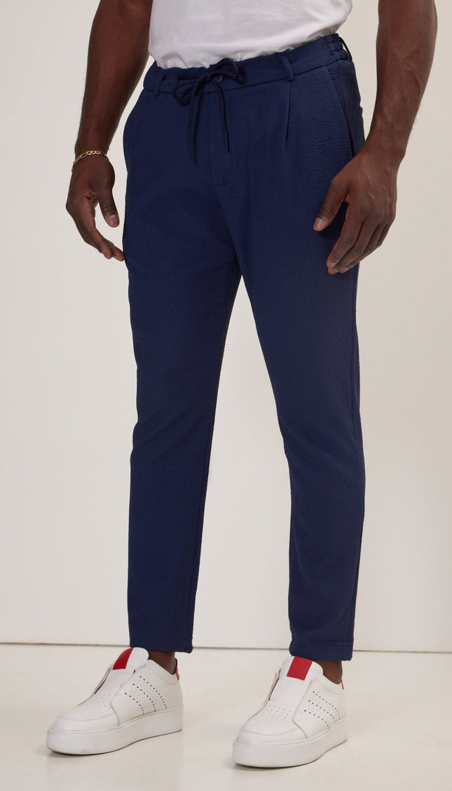 Front Pleated Waffle Pants - Navy - Ron Tomson