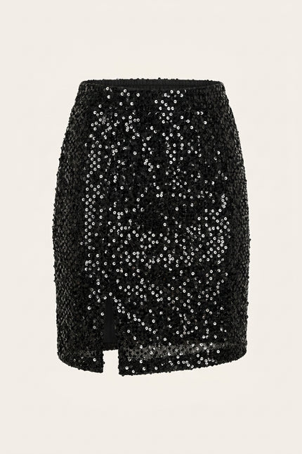 Front Vent Embellished Skirt - Black - Front