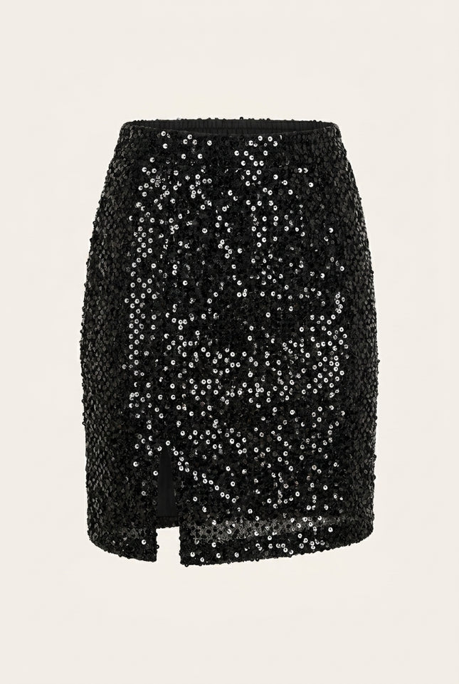 Front Vent Embellished Skirt - Black - Front