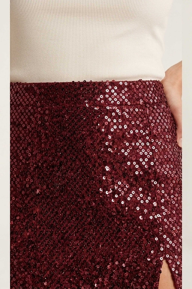 Front Vent Embellished Skirt - Burgundy - detail view