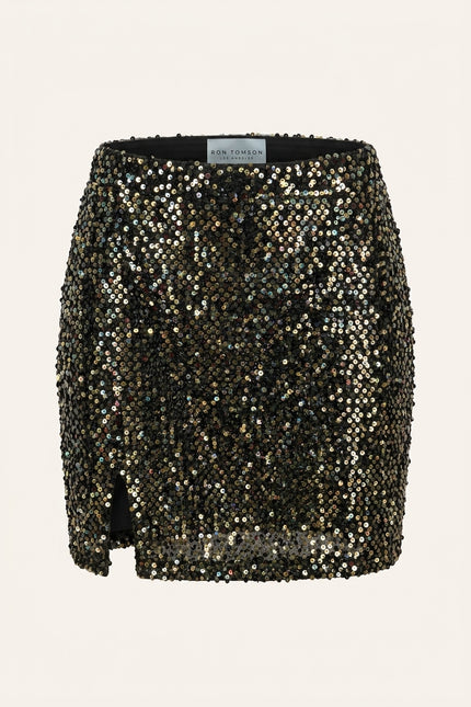 Front Vent Sequin Mini Skirt - Black Gold - Front