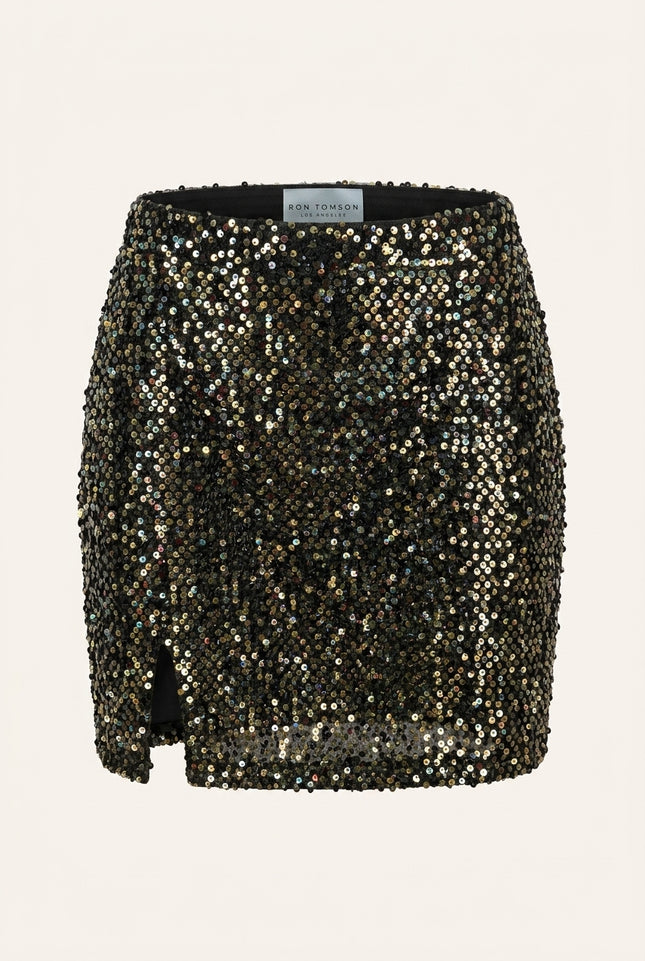 Front Vent Sequin Mini Skirt - Black Gold - Front