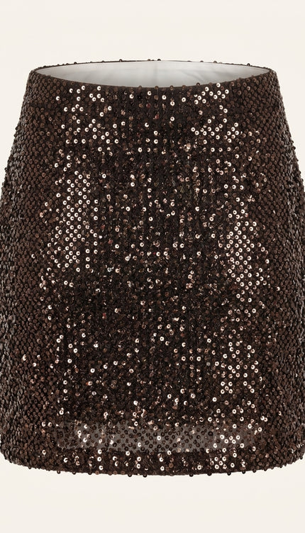 Front Vent Sequined Mini Skirt - Brown - Back