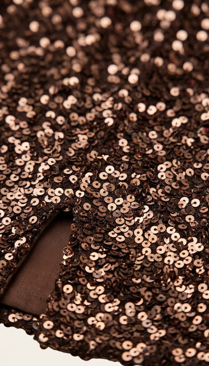 Front Vent Sequined Mini Skirt - Brown - Detail