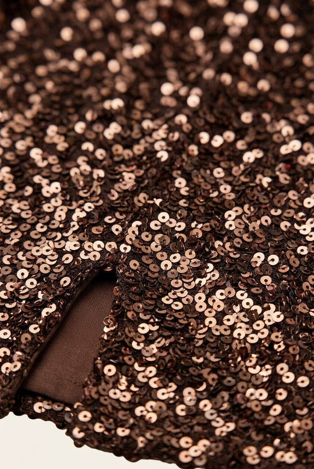 Front Vent Sequined Mini Skirt - Brown - Detail