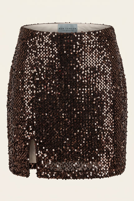 Front Vent Sequined Mini Skirt - Brown - Front