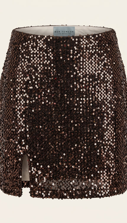Front Vent Sequined Mini Skirt - Brown - Front