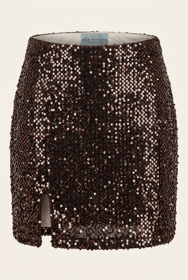 Front Vent Sequined Mini Skirt - Brown - Front
