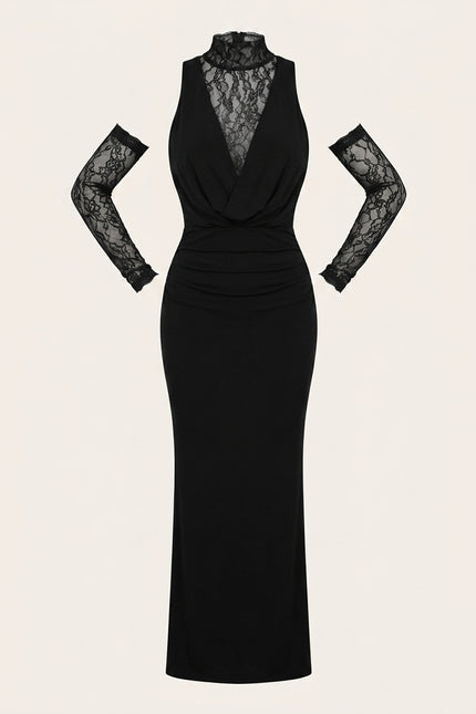 Sleeveless Lace Dress - Black - Front