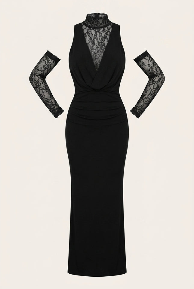 Sleeveless Lace Dress - Black - Front