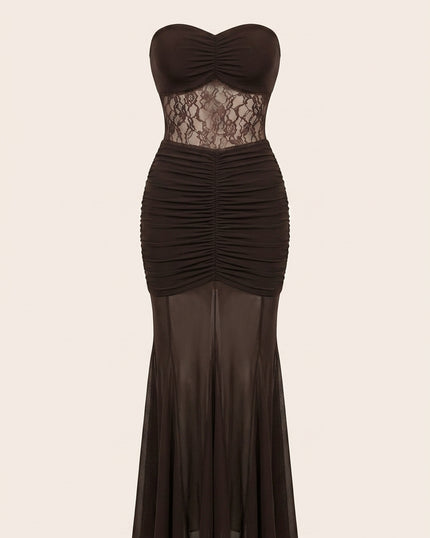 Scrunchy and Lace Dress - Brown - Front