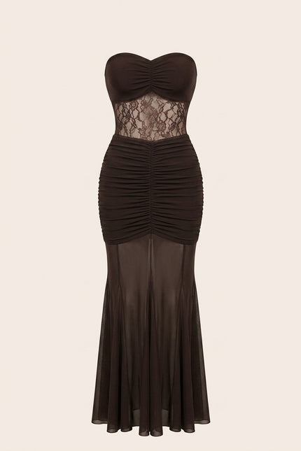 Scrunchy and Lace Dress - Brown - Front