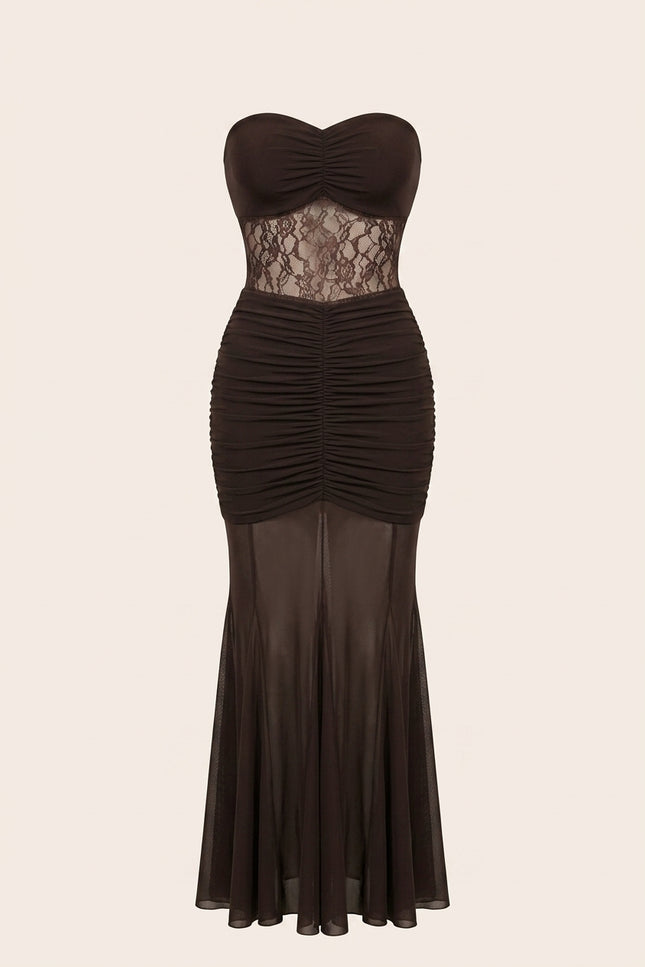 Scrunchy and Lace Dress - Brown - Front